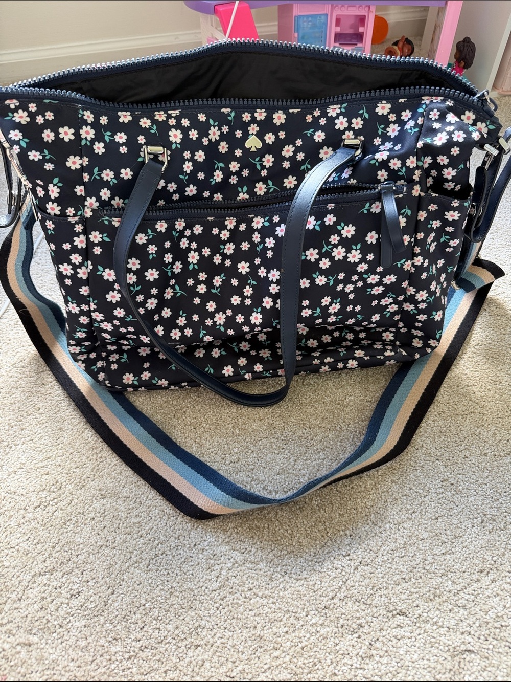 kate spade Navy Floral Tote with Striped Shoulder Strap